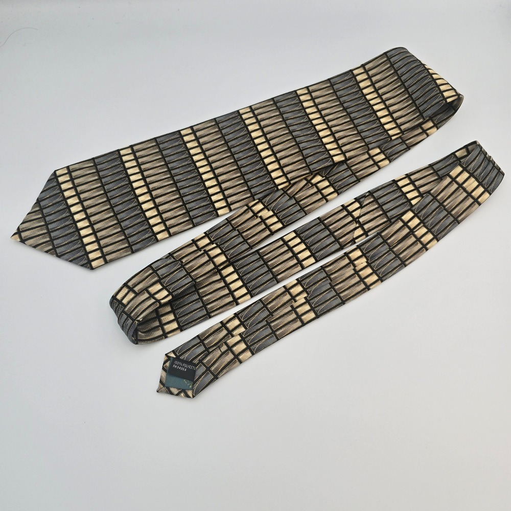 RENZO Men's Geometric Pattern Tie Gold Black Beige Polyester Luxury Neckwear - Picture 2 of 5